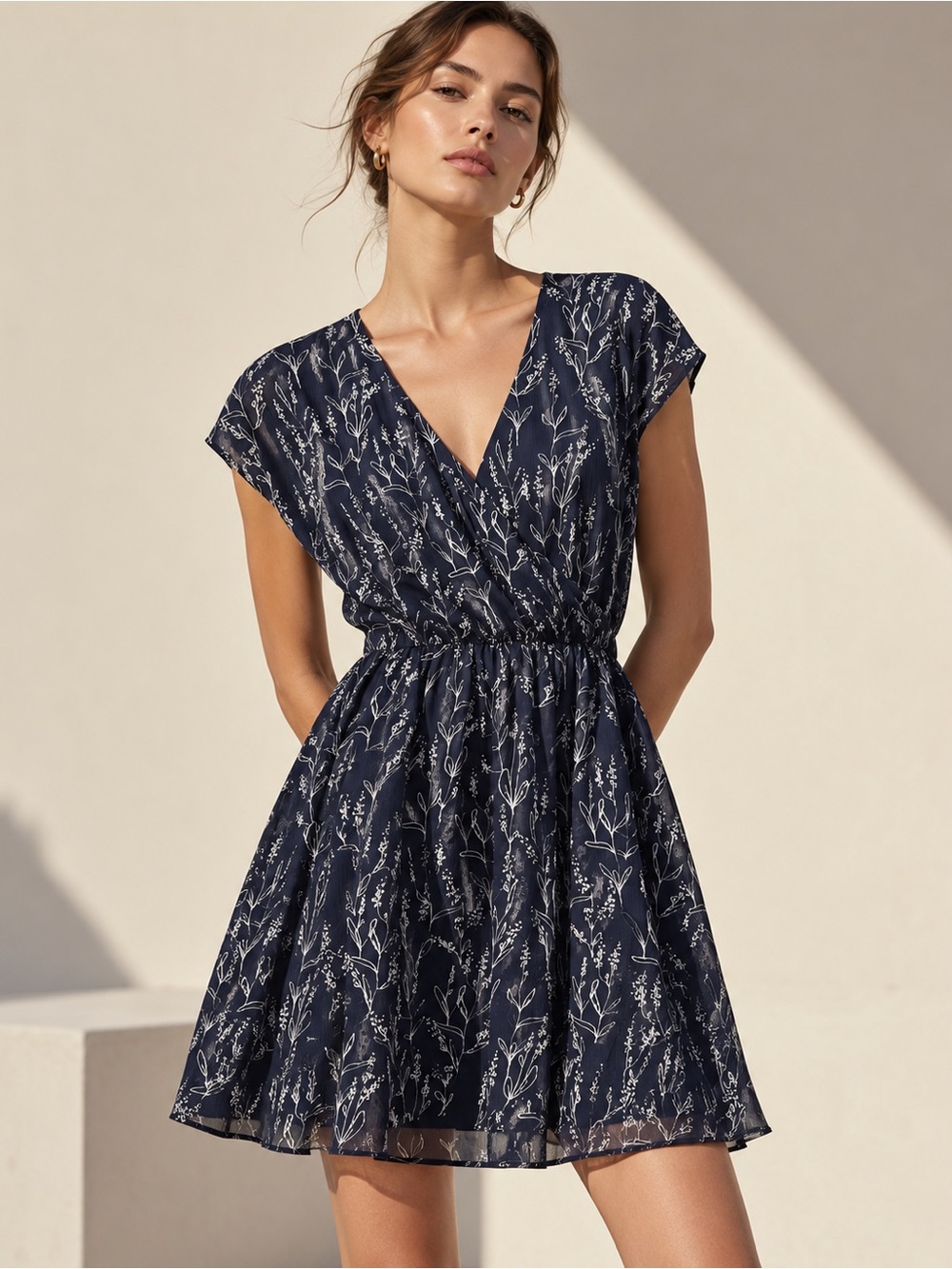 Propaganda Navy Botanical Floral V-Neck Mini Dress with Cinched Waist Size M